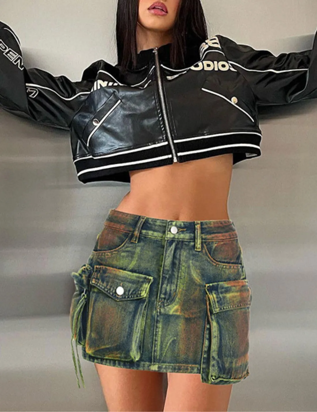 Kwoki Women's Denim Cargo Skirt Low Rise Y2K Flap Pockets Bodycon Jean Shorts Skorts