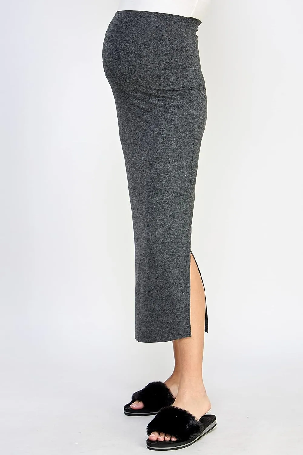 LaClef Women's High Waist Side Slit Midi Maternity Skirt