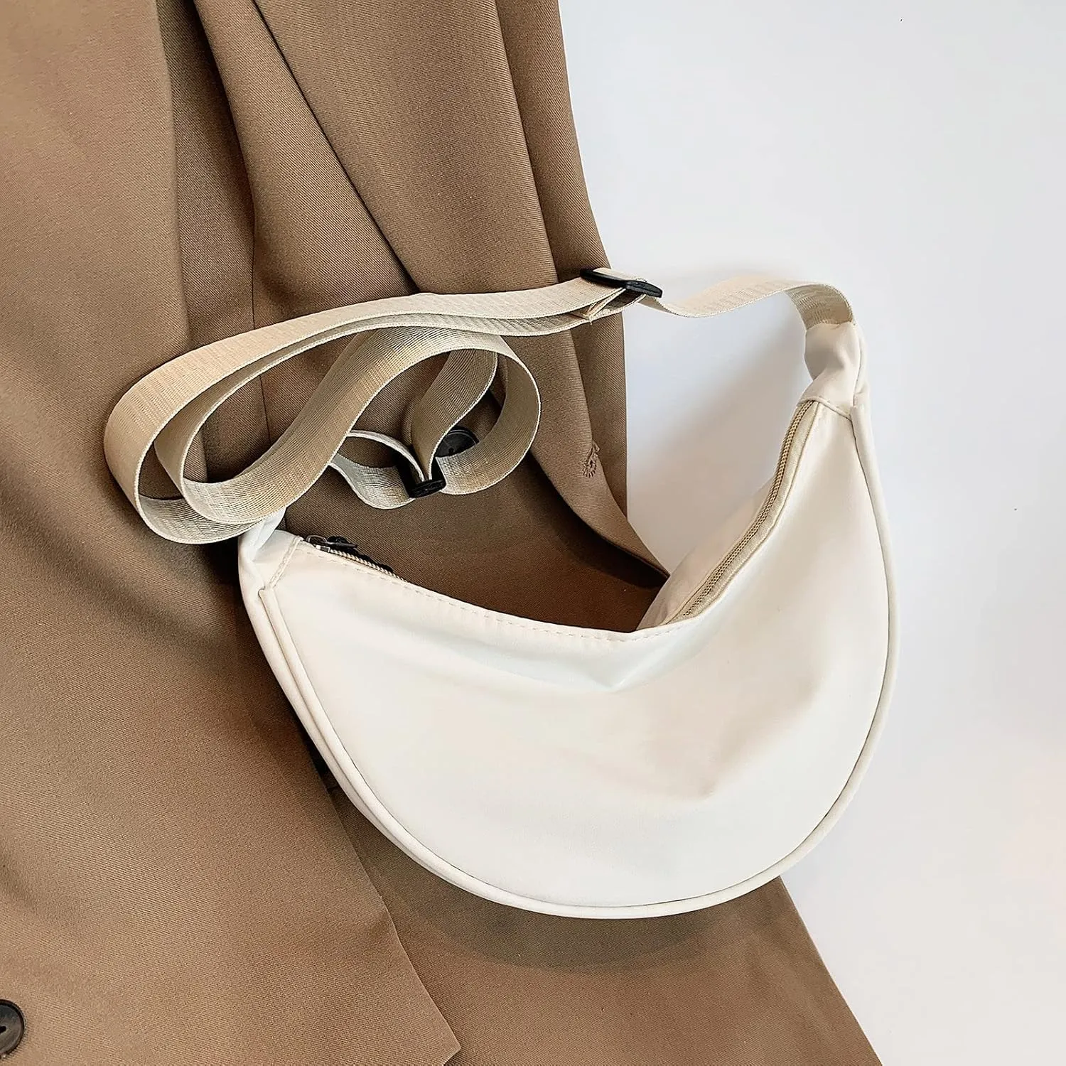 Ladies Simple Solid Colour Nylon Crossbody Bag Dumpling Bag Lightweight Small Satchel Underarm Bag (White, One Size)