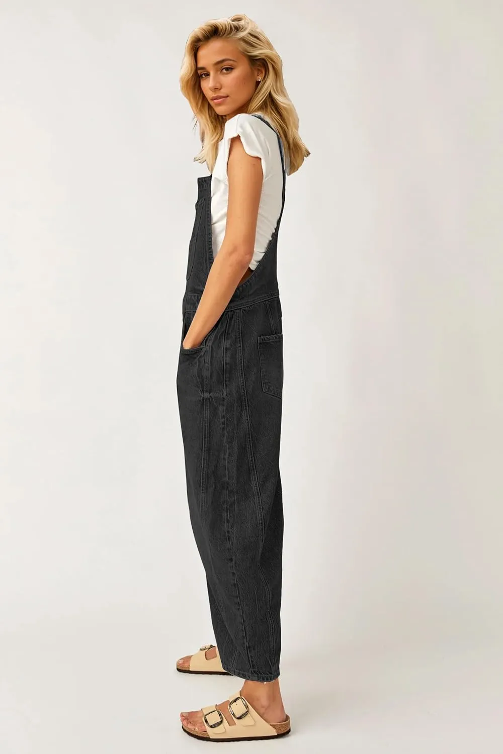 Ladyful Women's Denim Overall Casual Straight Wide Leg Bib Jeans Overall Adjustable Straps Denim Romper Stretch Jumpsuits