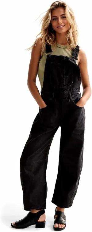 Ladyful Women's Denim Overall Casual Straight Wide Leg Bib Jeans Overall Adjustable Straps Denim Romper Stretch Jumpsuits