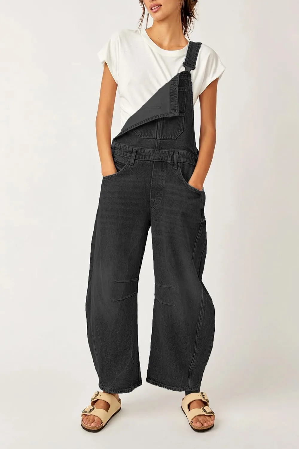 Ladyful Women's Denim Overall Casual Straight Wide Leg Bib Jeans Overall Adjustable Straps Denim Romper Stretch Jumpsuits