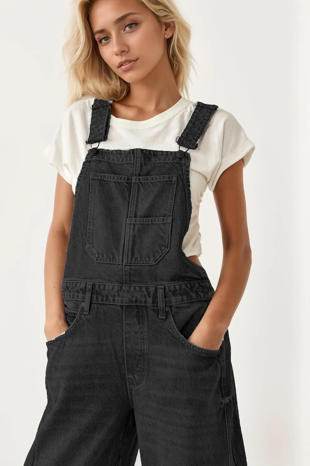 Ladyful Women's Denim Overall Casual Straight Wide Leg Bib Jeans Overall Adjustable Straps Denim Romper Stretch Jumpsuits