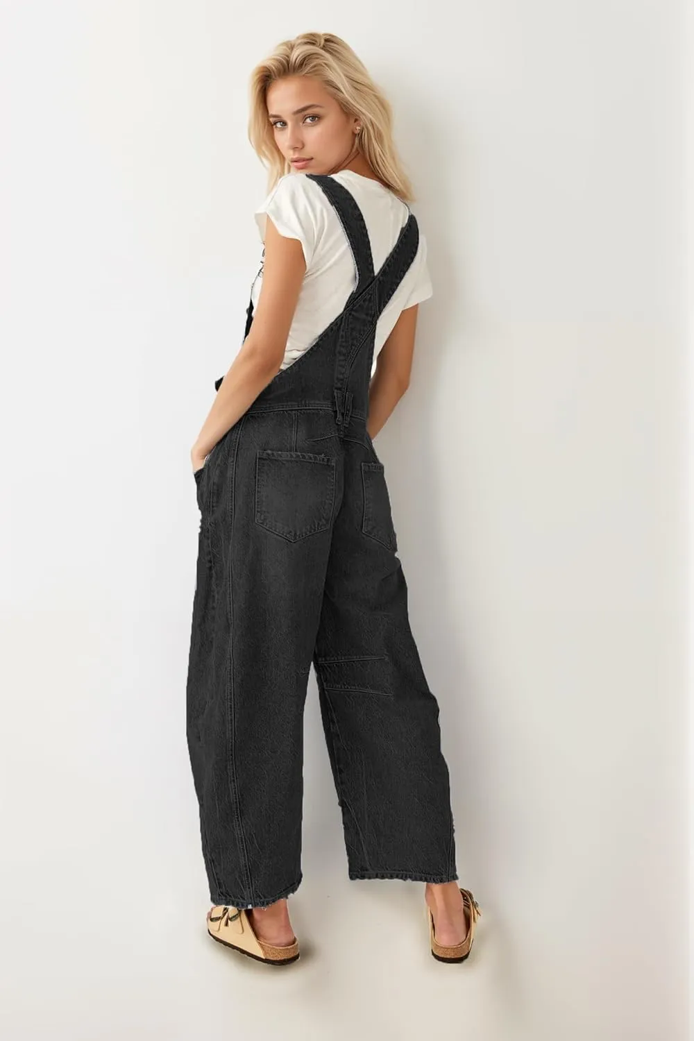 Ladyful Women's Denim Overall Casual Straight Wide Leg Bib Jeans Overall Adjustable Straps Denim Romper Stretch Jumpsuits