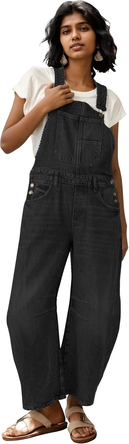 Ladyful Women's Denim Overall Casual Straight Wide Leg Bib Jeans Overall Adjustable Straps Denim Romper Stretch Jumpsuits