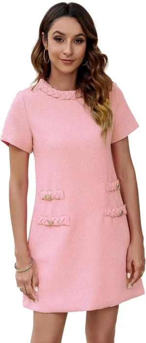 Ladyful Womens Tweed Jackie Dress Short Sleeve Elegant Crew Neck Business Party Vintage Button Bodycon Mini Jackie Dress