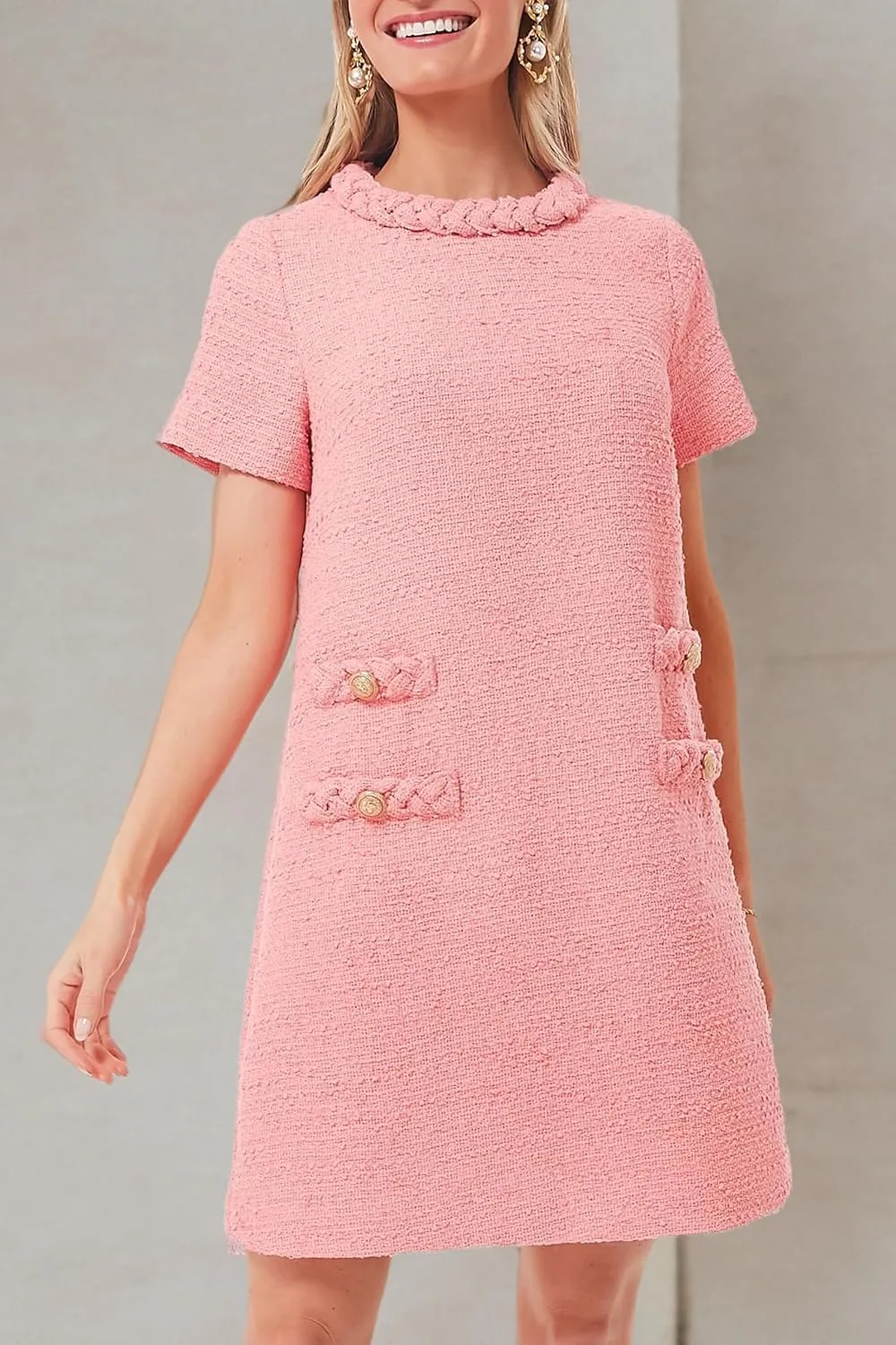 Ladyful Womens Tweed Jackie Dress Short Sleeve Elegant Crew Neck Business Party Vintage Button Bodycon Mini Jackie Dress