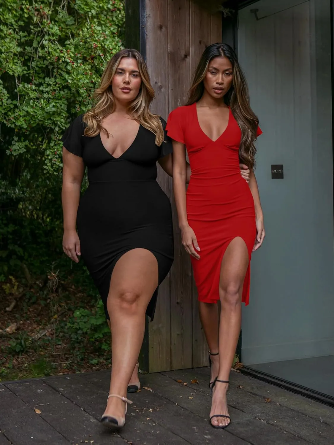 LAGSHIAN Women's Plus Size Sexy Bodycon V Neck Ruffle Short Sleeve Split Hem Midi Pencil Dress