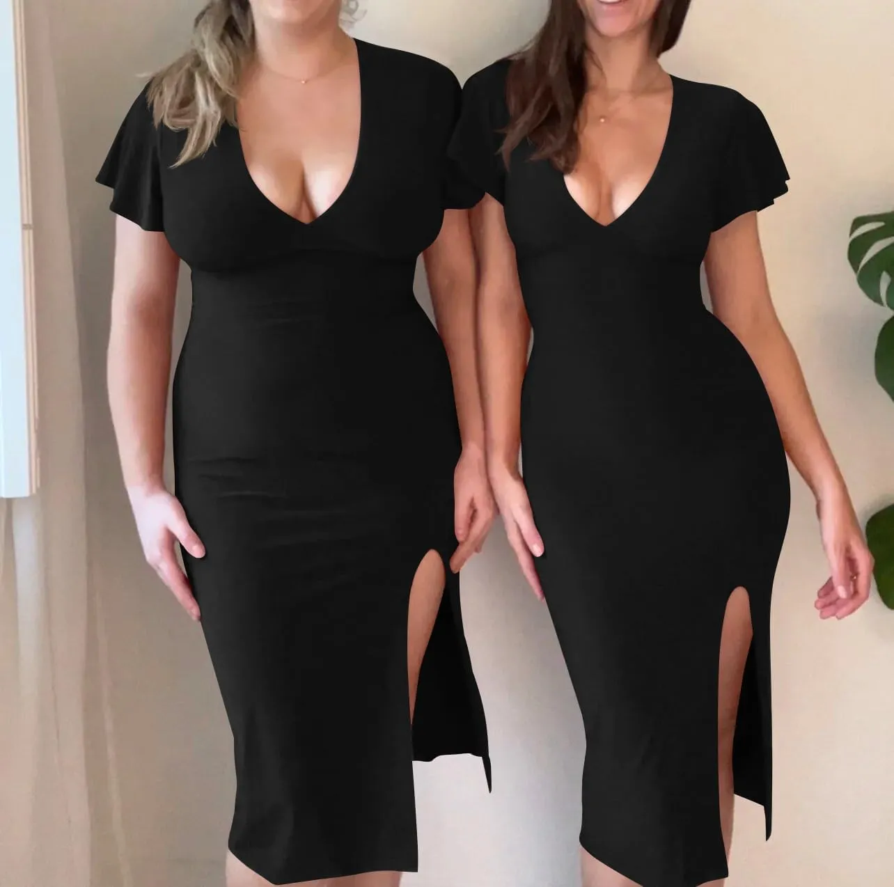 LAGSHIAN Women's Plus Size Sexy Bodycon V Neck Ruffle Short Sleeve Split Hem Midi Pencil Dress