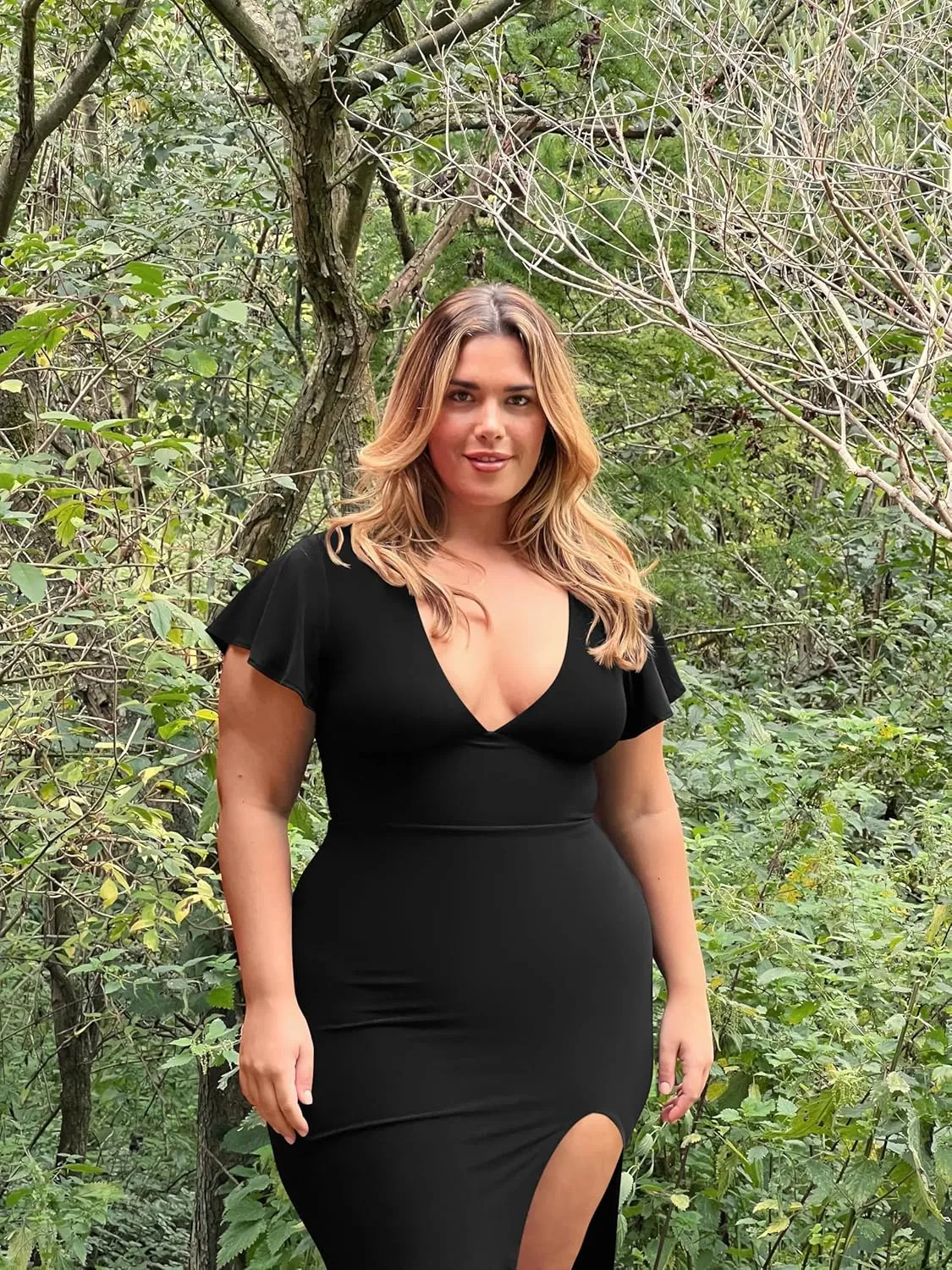 LAGSHIAN Women's Plus Size Sexy Bodycon V Neck Ruffle Short Sleeve Split Hem Midi Pencil Dress