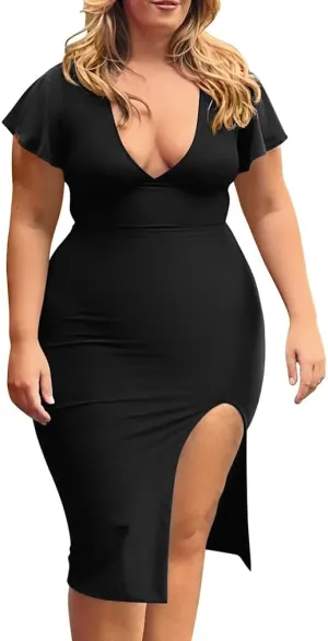 LAGSHIAN Women's Plus Size Sexy Bodycon V Neck Ruffle Short Sleeve Split Hem Midi Pencil Dress