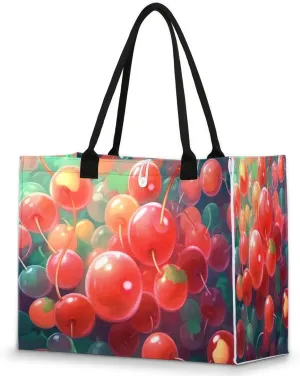 Large Travel Utility Tote Bag for Women Reusable Shopping Bags with Handles Aesthetic Bolsos Para Mujeres Cute Canvas Bag for Beach School Work Grocery Summer Cherry Fruit Print