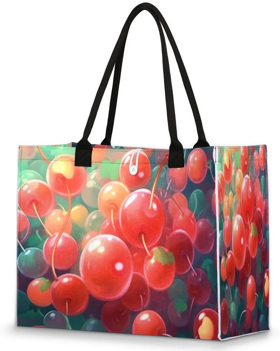 Large Travel Utility Tote Bag for Women Reusable Shopping Bags with Handles Aesthetic Bolsos Para Mujeres Cute Canvas Bag for Beach School Work Grocery Summer Cherry Fruit Print