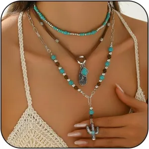 Layered Western Cowgirl Necklaces for Women Vintage Rodeo Turquoise Beaded Chain Cowboy Hat Western Jewelry Set for Country Cowgirl Outfit Accessories