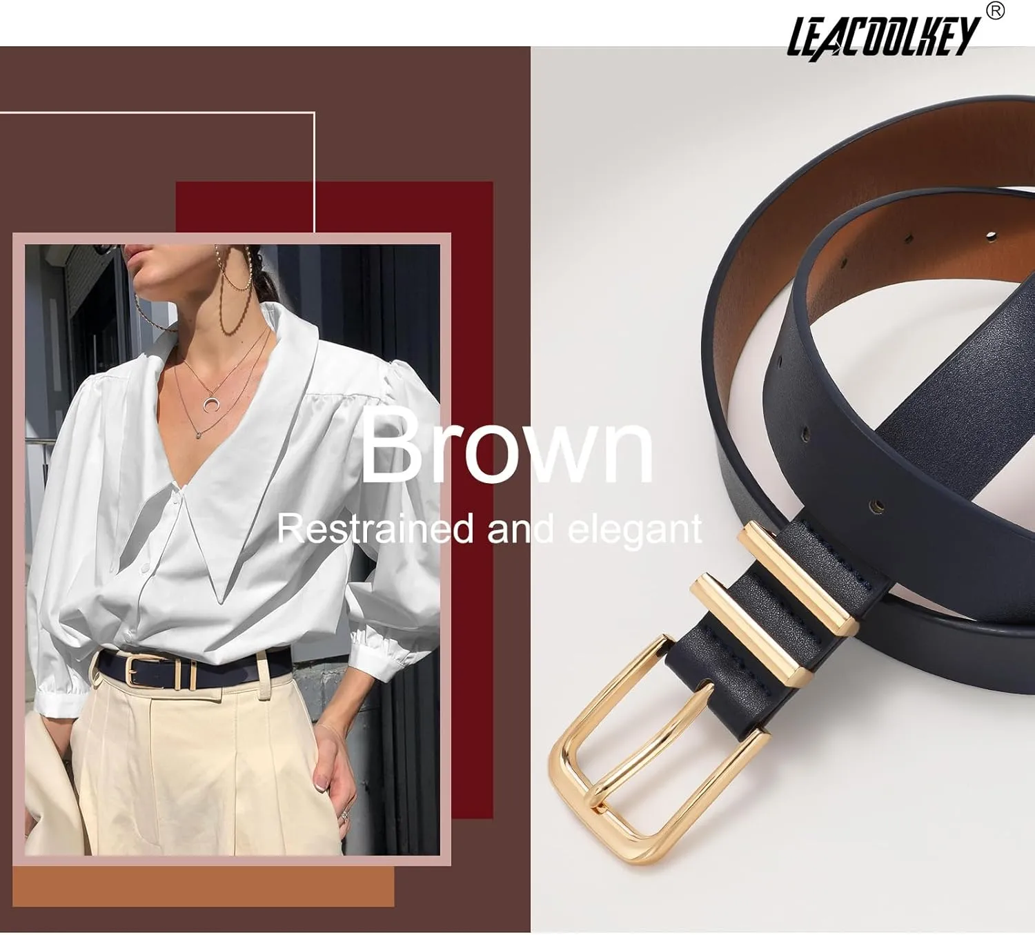 LEACOOLKEY 3 Pack Women's Leather Belts for Jeans Dress Pants Fashion Ladies Leather Belts with Gold/Sliver Buckle