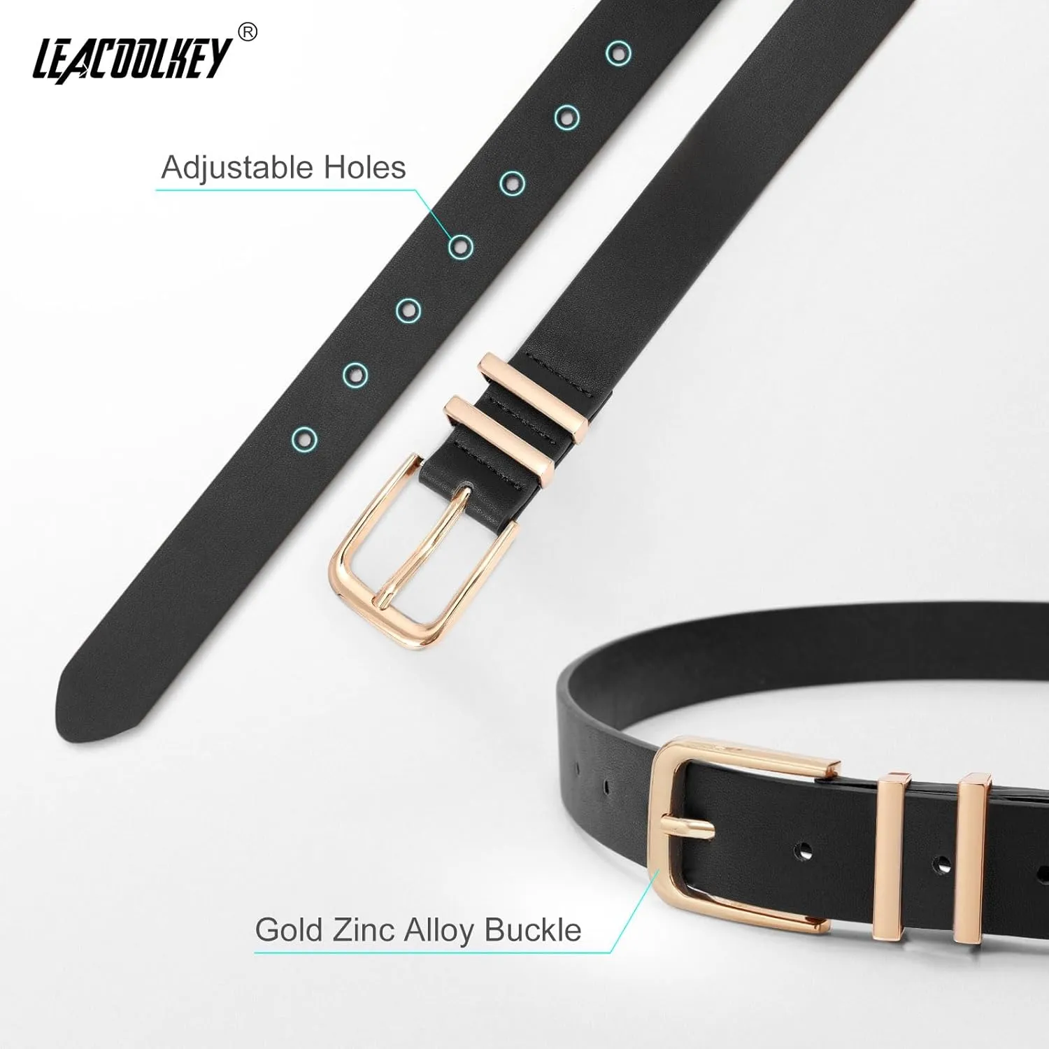 LEACOOLKEY 3 Pack Women's Leather Belts for Jeans Dress Pants Fashion Ladies Leather Belts with Gold/Sliver Buckle