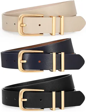 LEACOOLKEY 3 Pack Women's Leather Belts for Jeans Dress Pants Fashion Ladies Leather Belts with Gold/Sliver Buckle