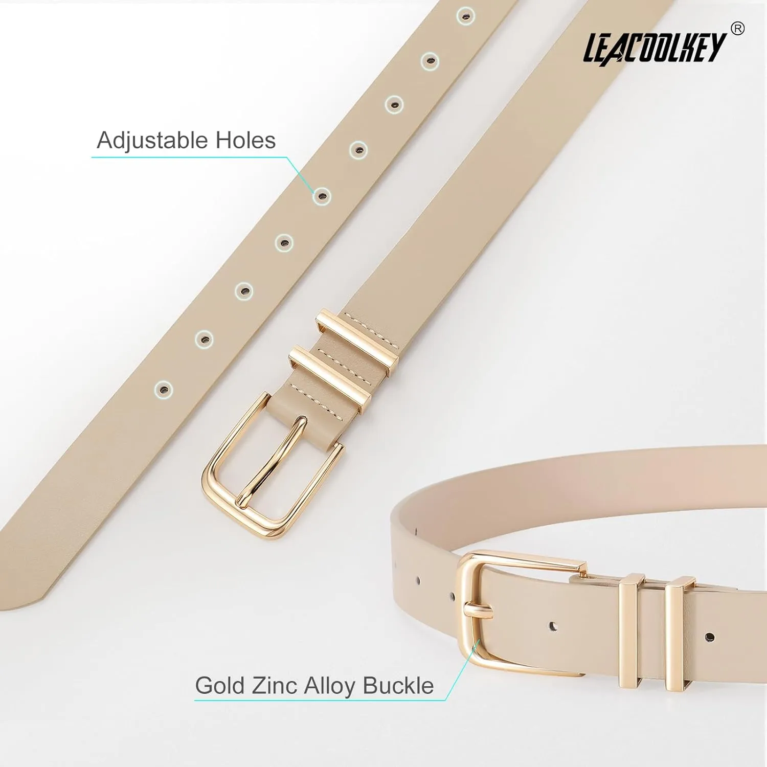 LEACOOLKEY 3 Pack Women's Leather Belts for Jeans Dress Pants Fashion Ladies Leather Belts with Gold/Sliver Buckle