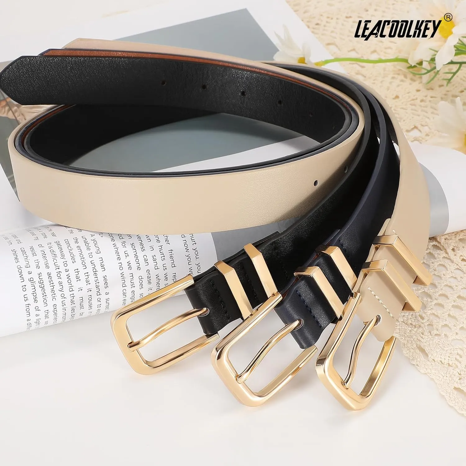 LEACOOLKEY 3 Pack Women's Leather Belts for Jeans Dress Pants Fashion Ladies Leather Belts with Gold/Sliver Buckle