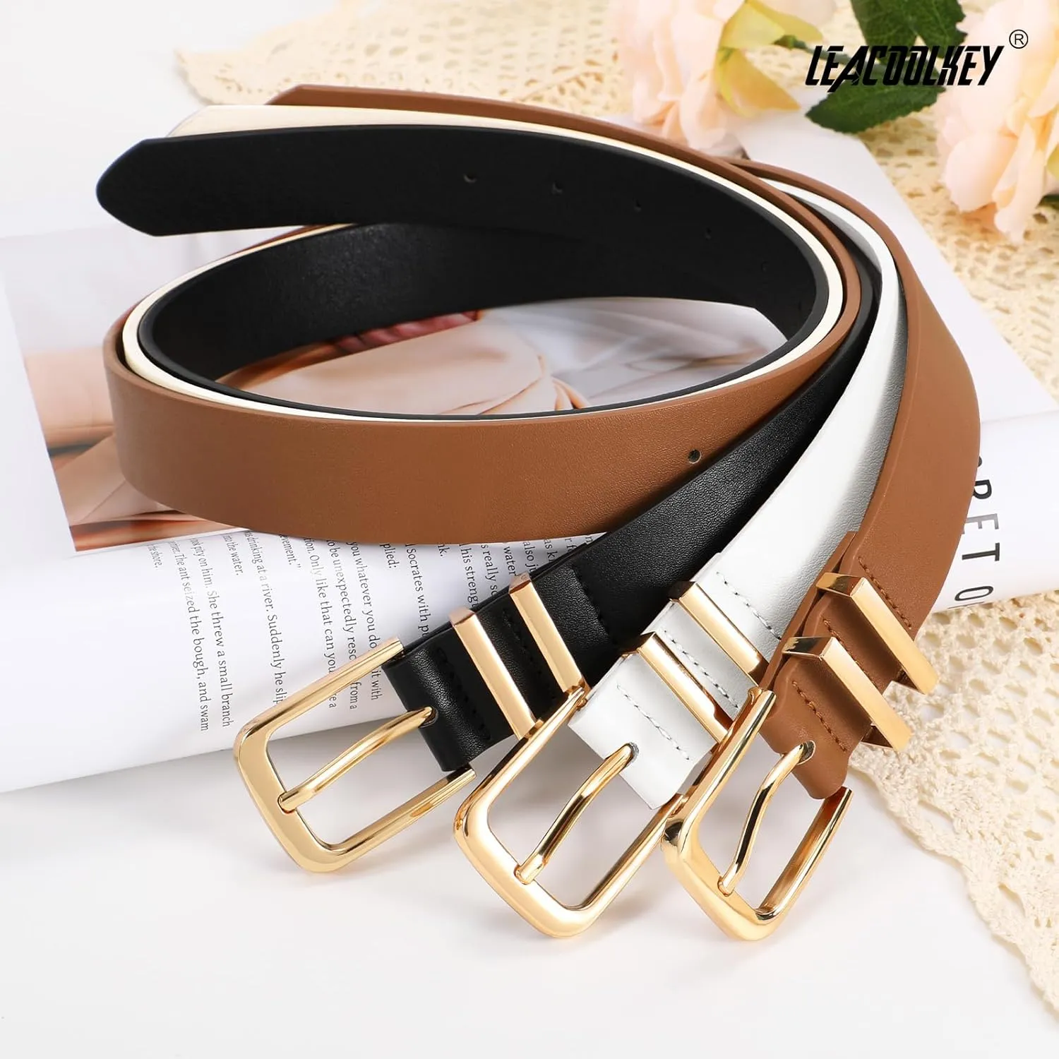 LEACOOLKEY 3 Pack Women's Leather Belts for Jeans Dress Pants Fashion Ladies Leather Belts with Gold/Sliver Buckle
