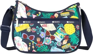 LeSportsac Summertime Things Classic Hobo Crossbody Bag   Cosmetic Bag, Style 7520/Color E624, Whimsical Summertime Motifs: Seashells, Beaches, Flamingos, Sunglasses, Cocktails, Pineapples & more