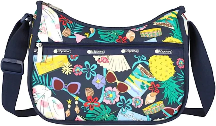 LeSportsac Summertime Things Classic Hobo Crossbody Bag   Cosmetic Bag, Style 7520/Color E624, Whimsical Summertime Motifs: Seashells, Beaches, Flamingos, Sunglasses, Cocktails, Pineapples & more