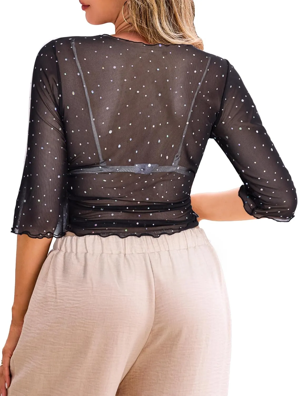 LIENRIDY Women's Sheer Shrug Open Front Bolero Cardigan 3/4 Sleeve Shrug Sweater S-XL