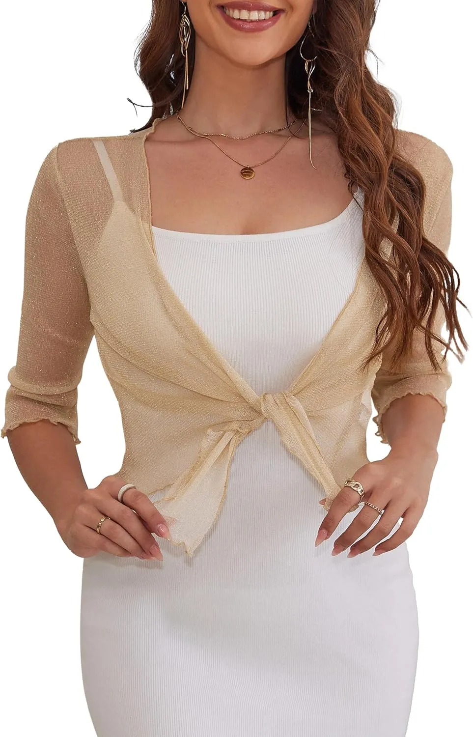 LIENRIDY Women's Sheer Shrug Open Front Bolero Cardigan 3/4 Sleeve Shrug Sweater S-XL