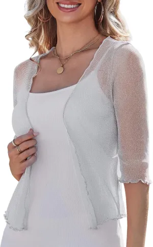 LIENRIDY Women's Sheer Shrug Open Front Bolero Cardigan 3/4 Sleeve Shrug Sweater S-XL