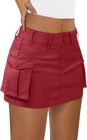 LILLUSORY Women Cargo Mini Skirt Denim Jean Dress with Pocket