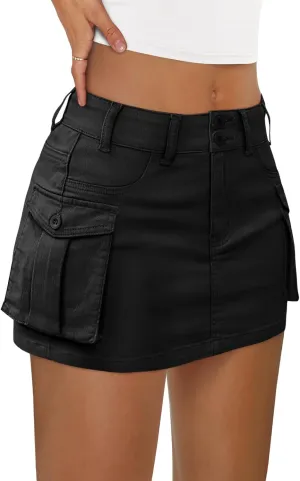LILLUSORY Women Cargo Mini Skirt Denim Jean Dress with Pocket
