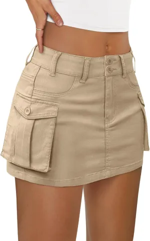 LILLUSORY Women Cargo Mini Skirt Denim Jean Dress with Pocket