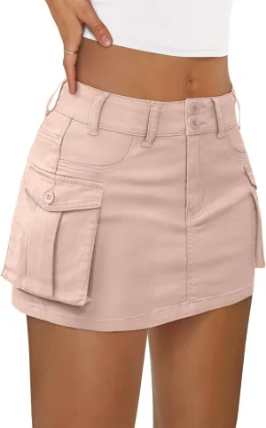 LILLUSORY Women Cargo Mini Skirt Denim Jean Dress with Pocket