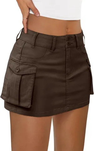 LILLUSORY Women Cargo Mini Skirt Denim Jean Dress with Pocket