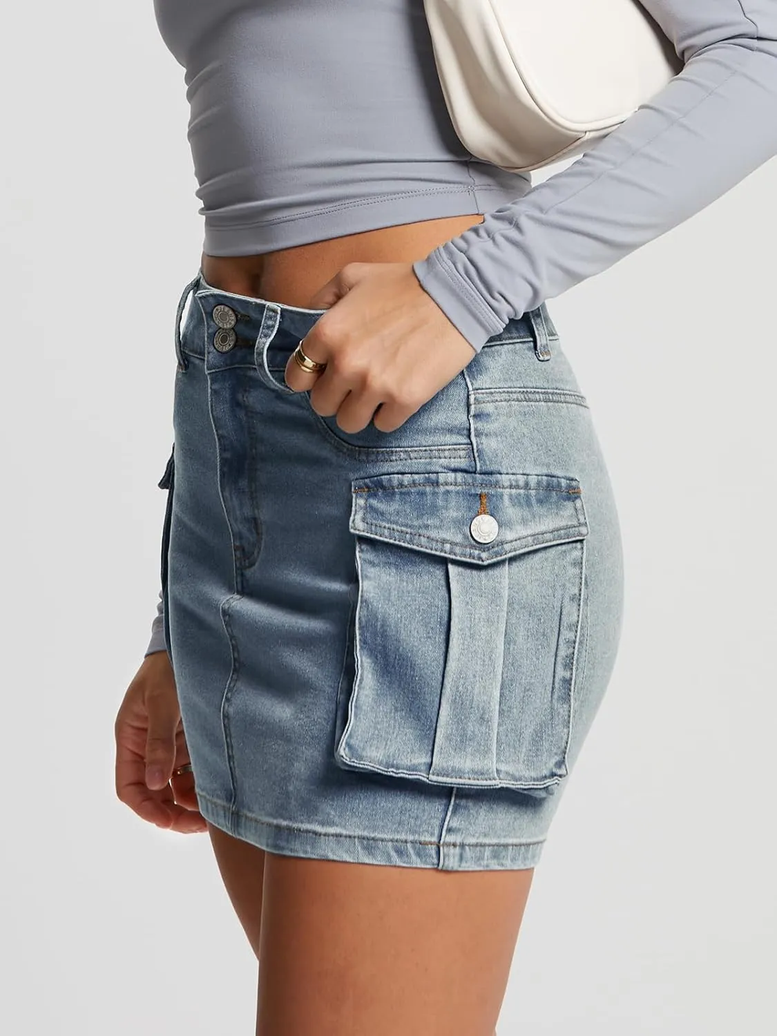 LILLUSORY Women Cargo Mini Skirt Denim Jean Dress with Pocket