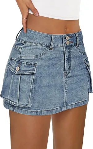LILLUSORY Women Cargo Mini Skirt Denim Jean Dress with Pocket