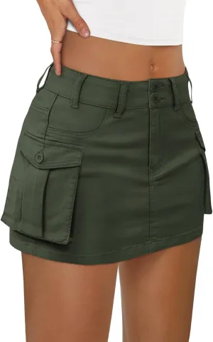 LILLUSORY Women Cargo Mini Skirt Denim Jean Dress with Pocket