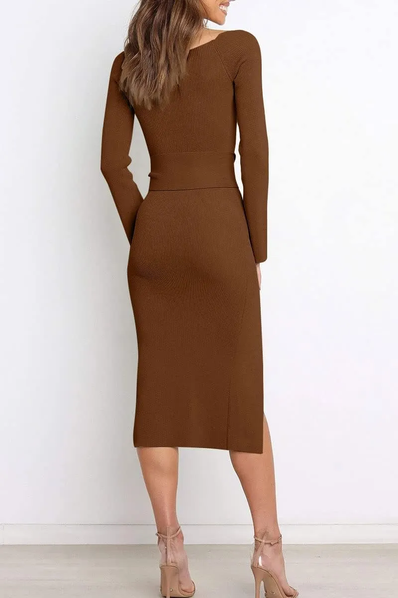 LILLUSORY Women's Sweetheart Neckline Midi Dress Long Sleeve Ribbed Knit Sweater Outfits with Slit and Belt 2024 Spring