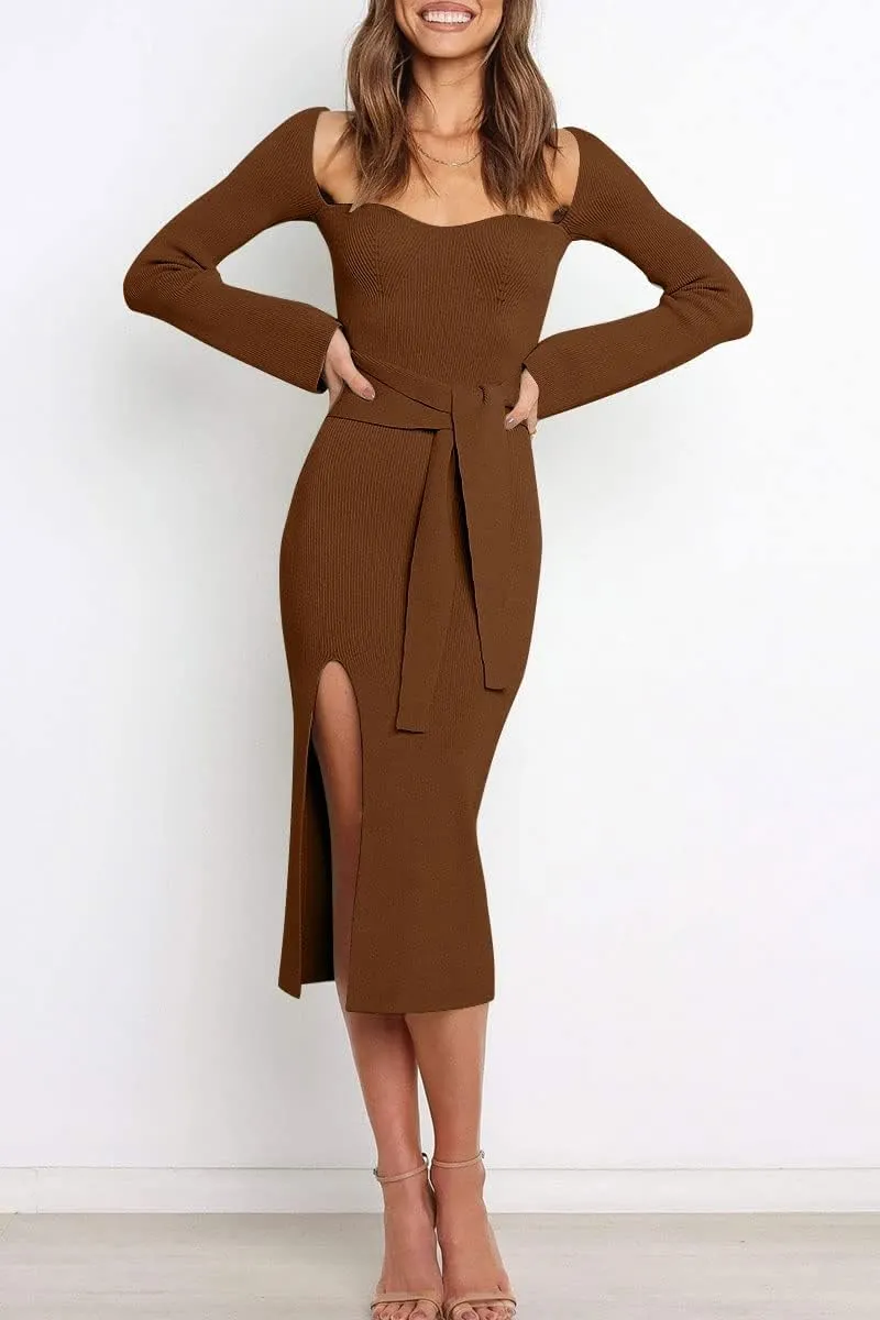 LILLUSORY Women's Sweetheart Neckline Midi Dress Long Sleeve Ribbed Knit Sweater Outfits with Slit and Belt 2024 Spring