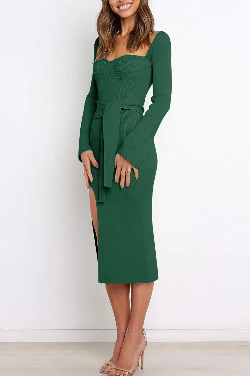 LILLUSORY Women's Sweetheart Neckline Midi Dress Long Sleeve Ribbed Knit Sweater Outfits with Slit and Belt 2024 Spring
