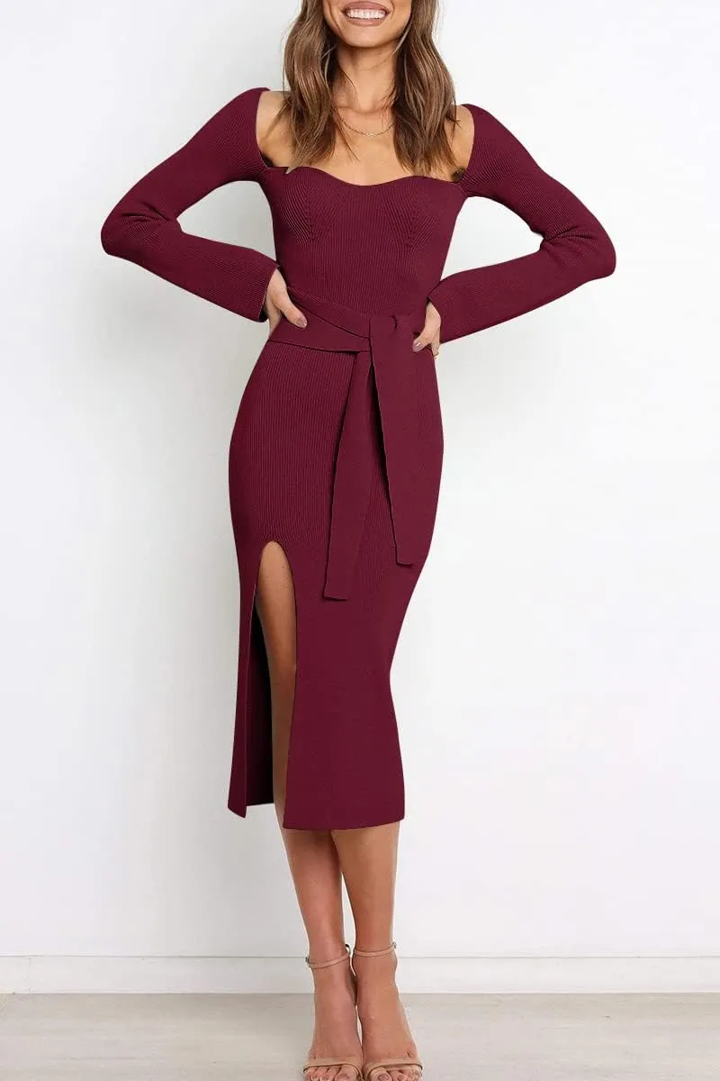 LILLUSORY Women's Sweetheart Neckline Midi Dress Long Sleeve Ribbed Knit Sweater Outfits with Slit and Belt 2024 Spring