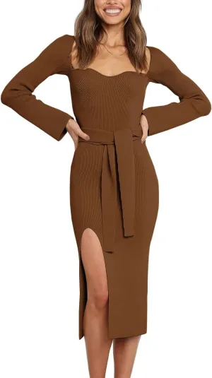 LILLUSORY Women's Sweetheart Neckline Midi Dress Long Sleeve Ribbed Knit Sweater Outfits with Slit and Belt 2024 Spring