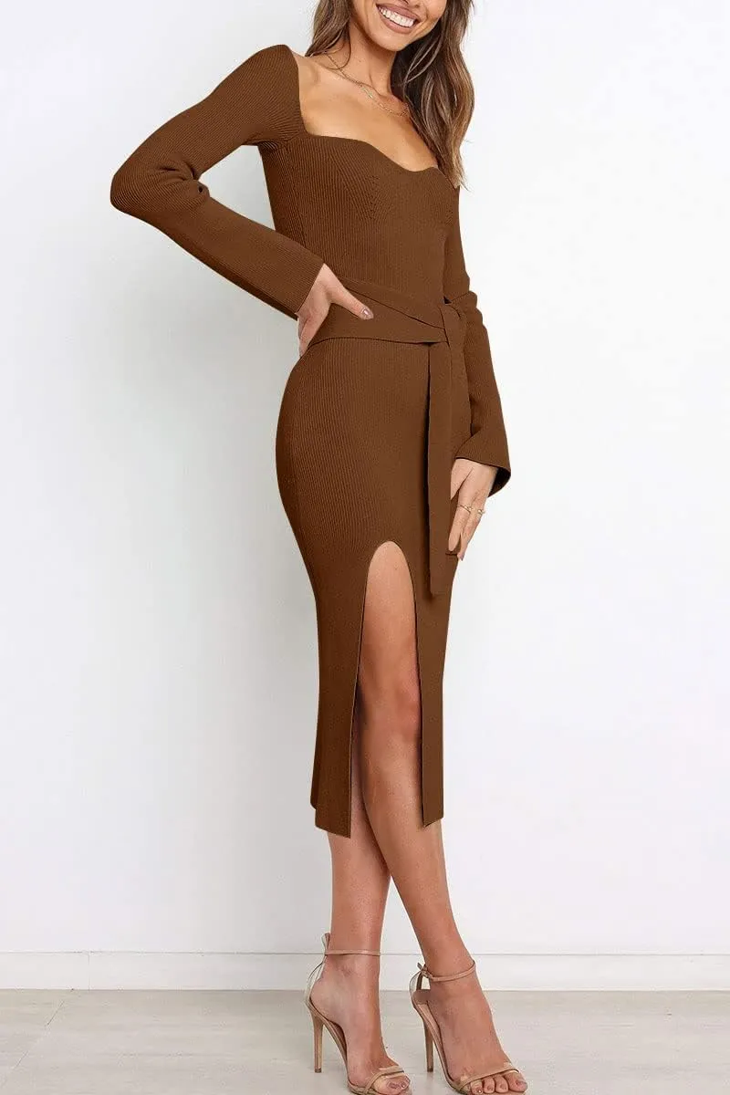 LILLUSORY Women's Sweetheart Neckline Midi Dress Long Sleeve Ribbed Knit Sweater Outfits with Slit and Belt 2024 Spring