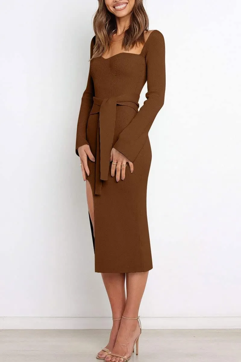 LILLUSORY Women's Sweetheart Neckline Midi Dress Long Sleeve Ribbed Knit Sweater Outfits with Slit and Belt 2024 Spring