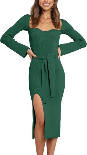 LILLUSORY Women's Sweetheart Neckline Midi Dress Long Sleeve Ribbed Knit Sweater Outfits with Slit and Belt 2024 Spring