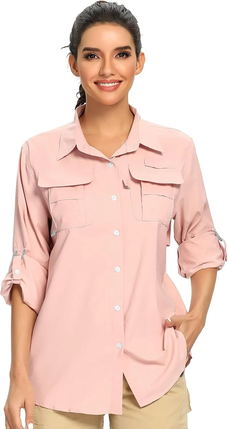 linlon Womens Safari Shirts Long Sleeve UV Protection Hiking Fishing UPF 50  Quick Dry Cooling Camping Travel Shirts