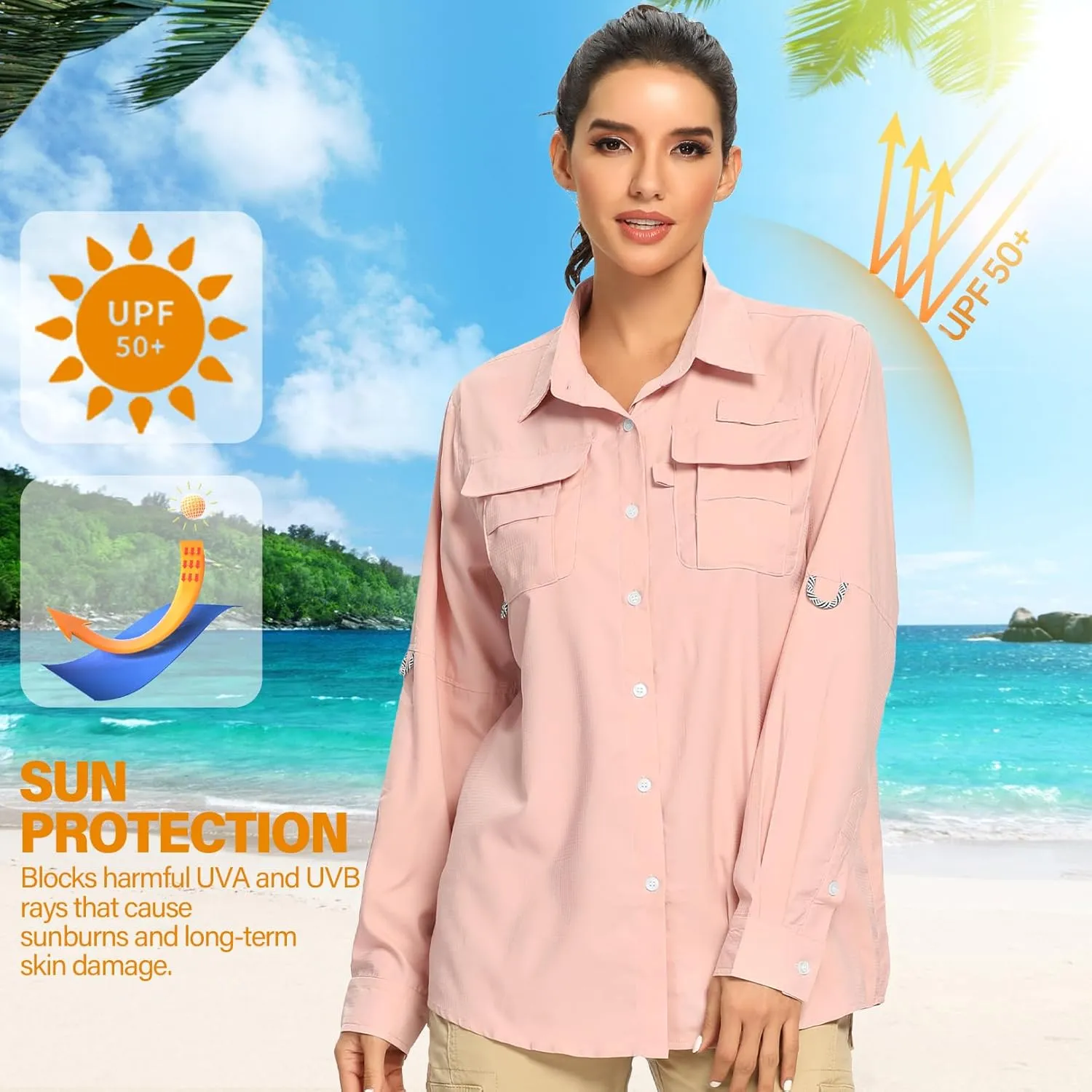 linlon Womens Safari Shirts Long Sleeve UV Protection Hiking Fishing UPF 50  Quick Dry Cooling Camping Travel Shirts