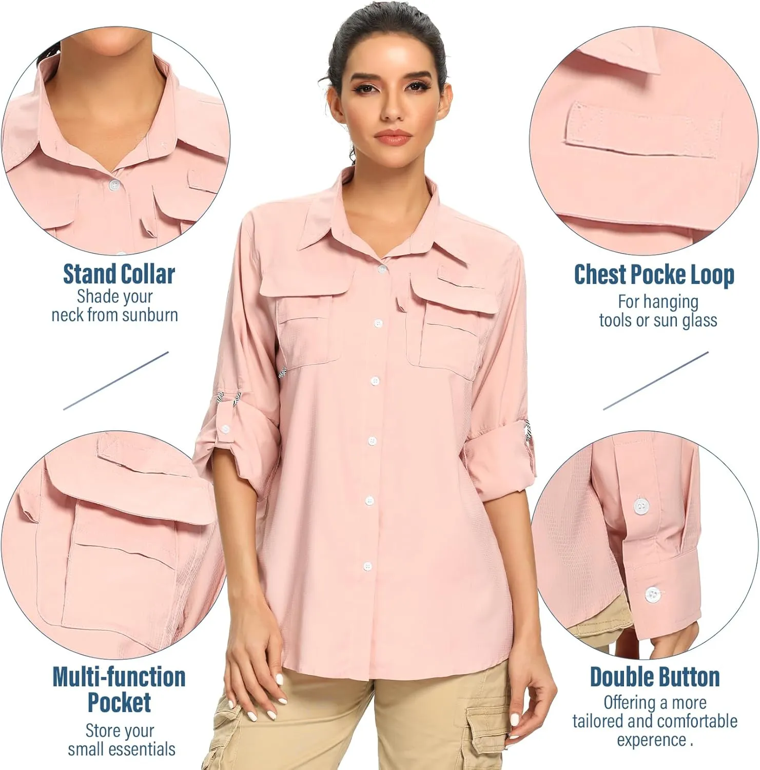 linlon Womens Safari Shirts Long Sleeve UV Protection Hiking Fishing UPF 50  Quick Dry Cooling Camping Travel Shirts