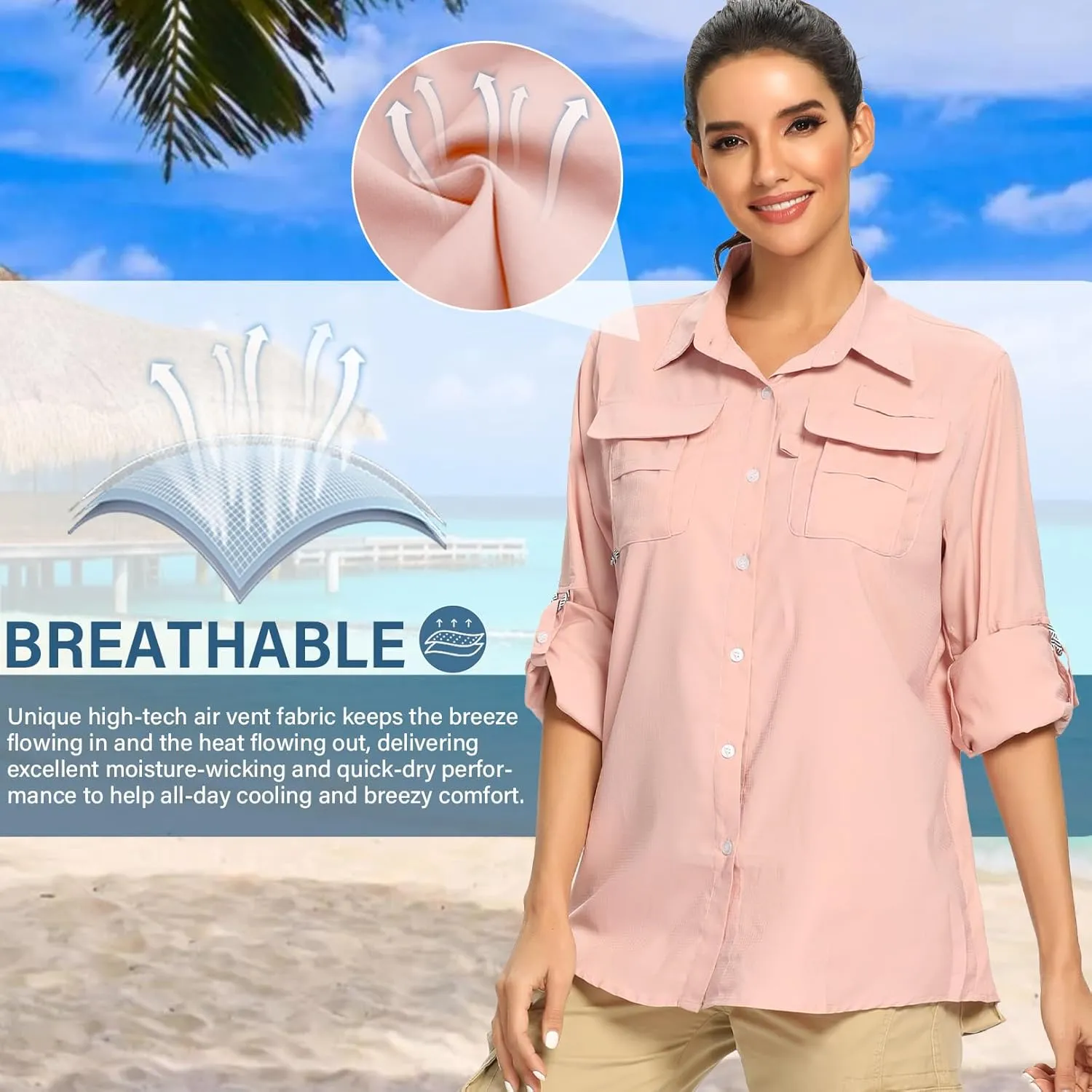 linlon Womens Safari Shirts Long Sleeve UV Protection Hiking Fishing UPF 50  Quick Dry Cooling Camping Travel Shirts