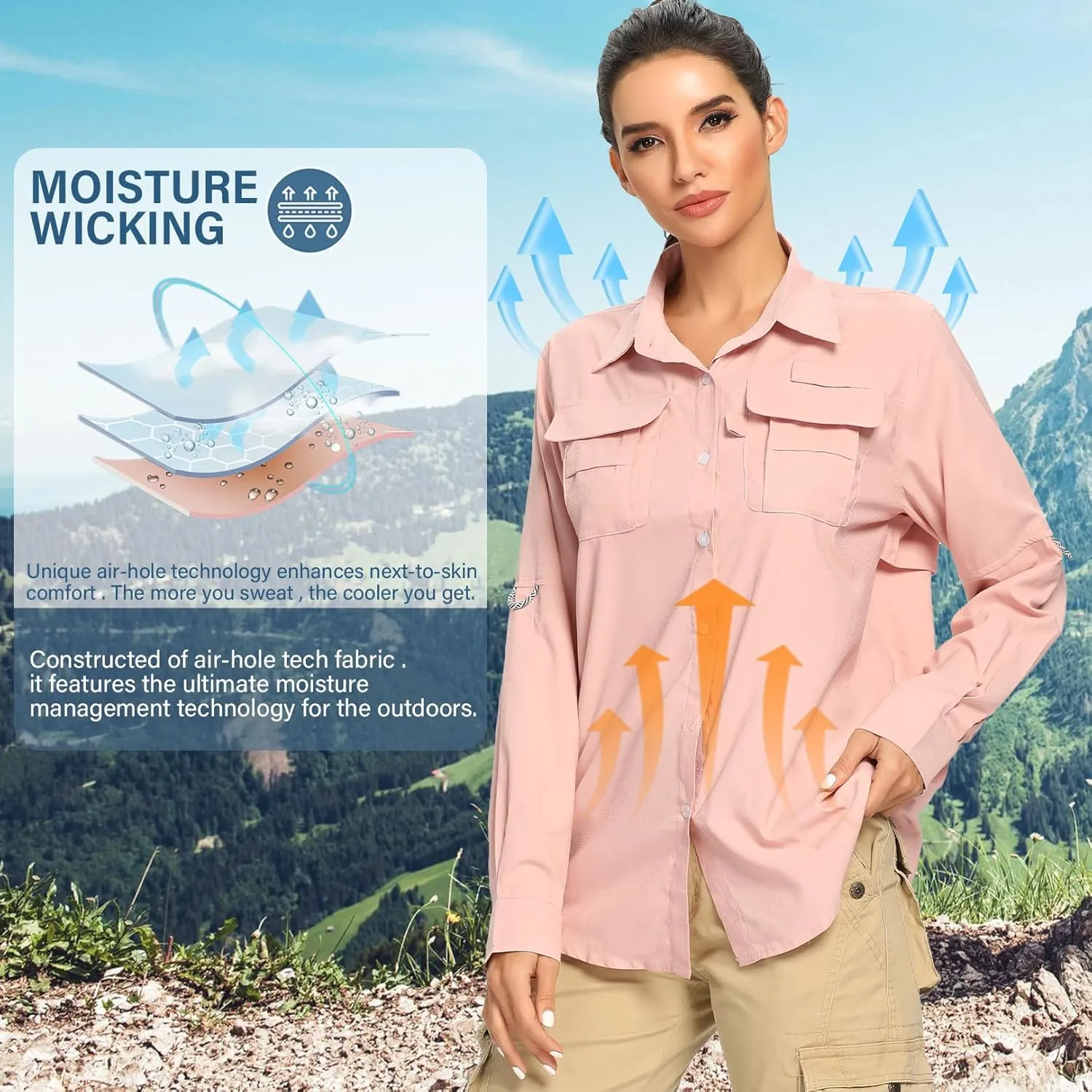 linlon Womens Safari Shirts Long Sleeve UV Protection Hiking Fishing UPF 50  Quick Dry Cooling Camping Travel Shirts